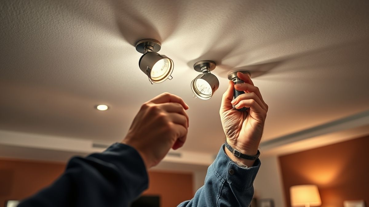 Profissional instalando spot de LED no teto da sala de estar.