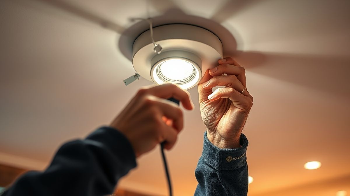 Mãos de eletricista instalando um spot de sobrepor no teto.