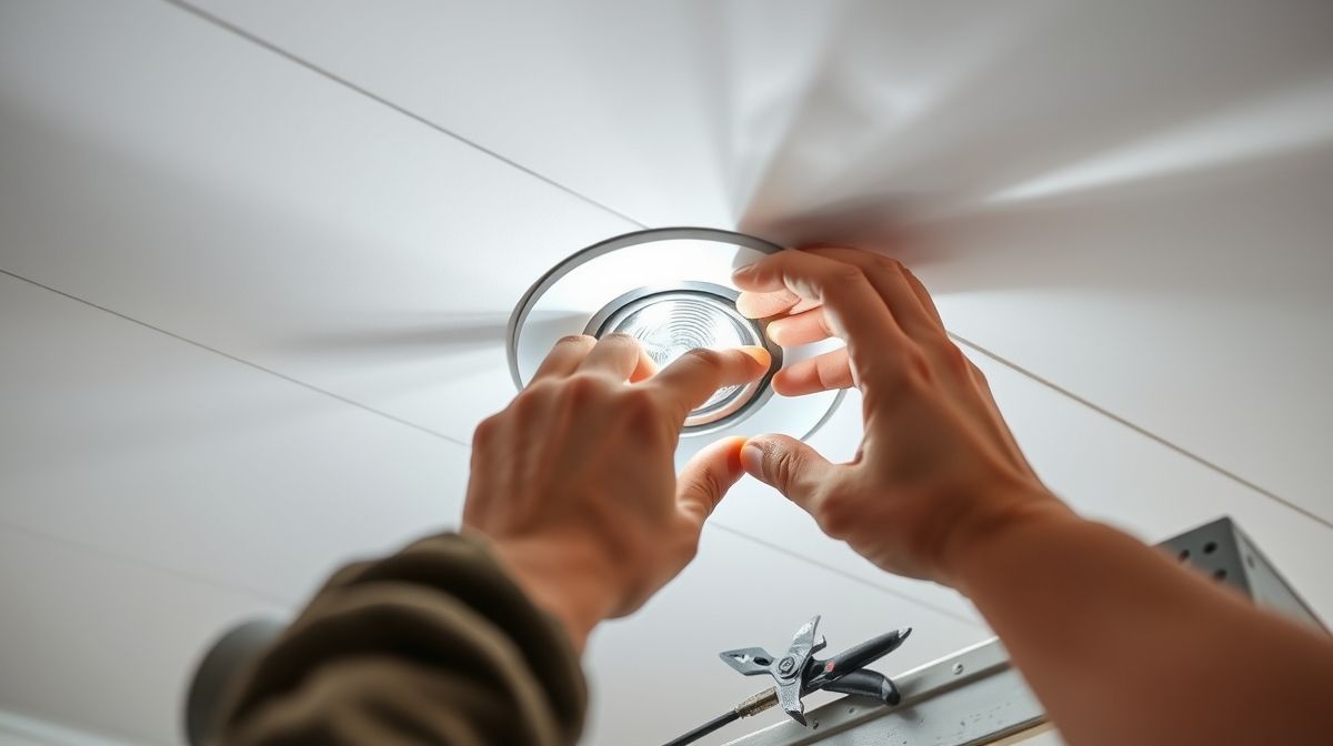 Profissional instalando spot embutido no gesso do teto.