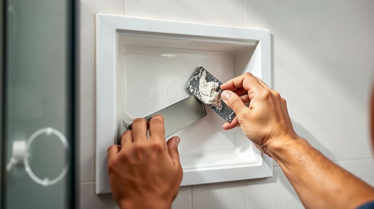 Processo de instalação de nicho de porcelanato dentro do box do banheiro.