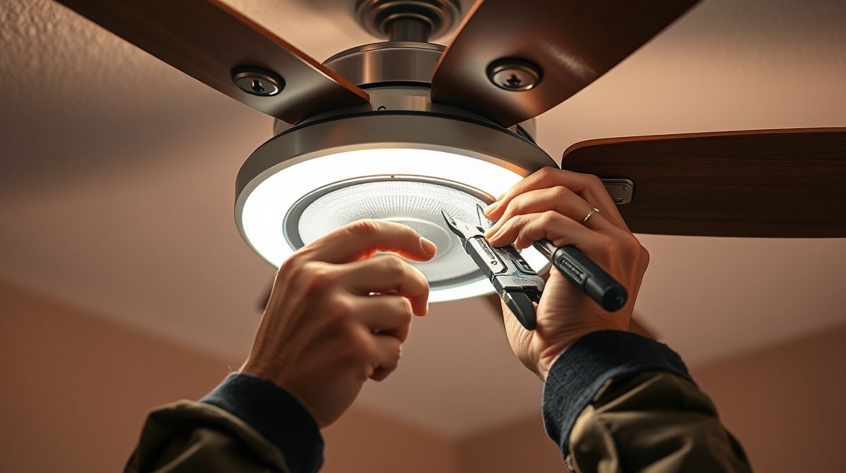 Eletricista instalando ventilador de teto com iluminação em cômodo residencial.