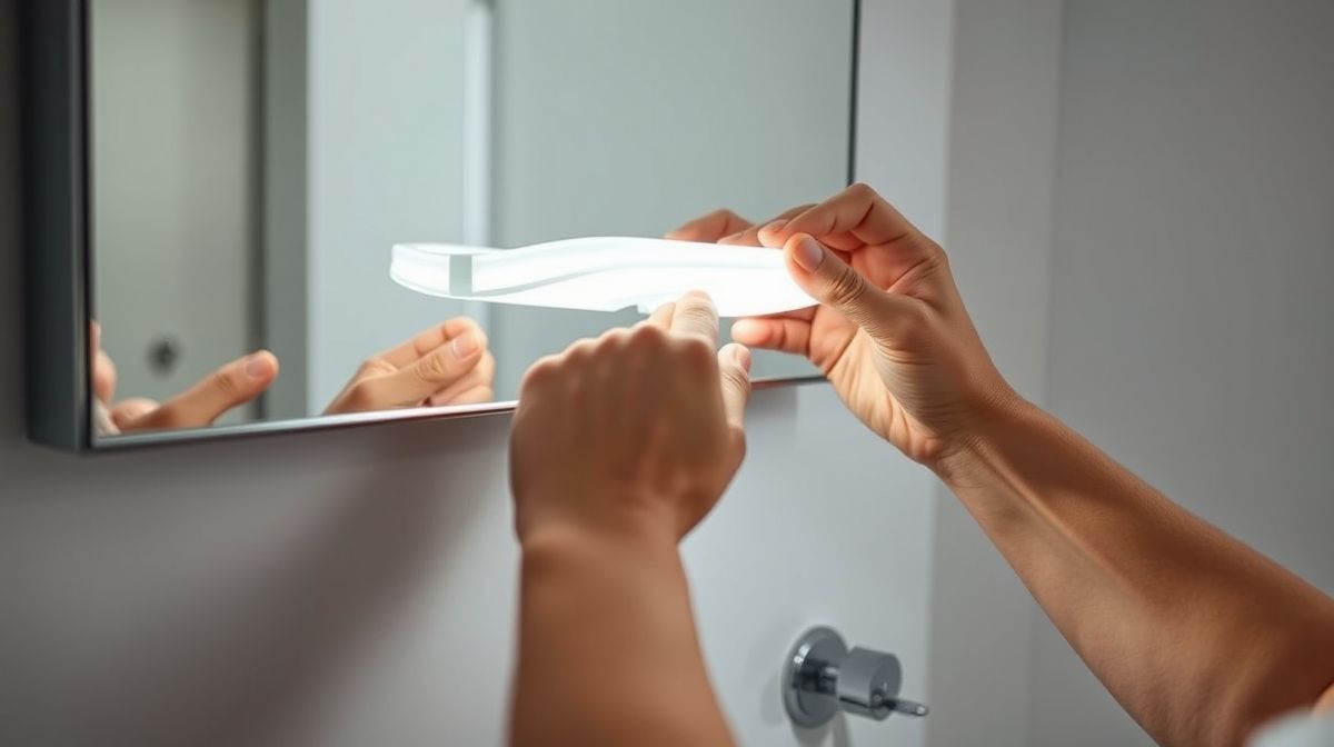 Mãos instalando luminária LED no espelho de um banheiro minimalista.