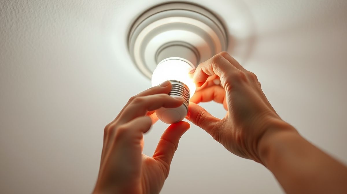 Pessoa instalando lâmpada inteligente em soquete doméstico.