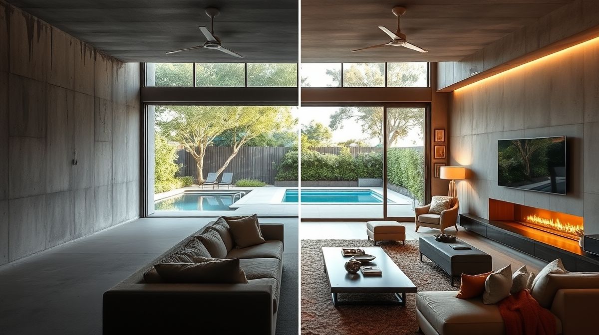Sala de estar brutalista integrada à varanda com jardim e piscina.