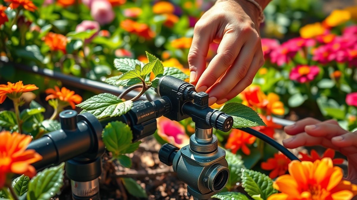 Pessoa ajustando sistema de irrigação em canteiro de flores.