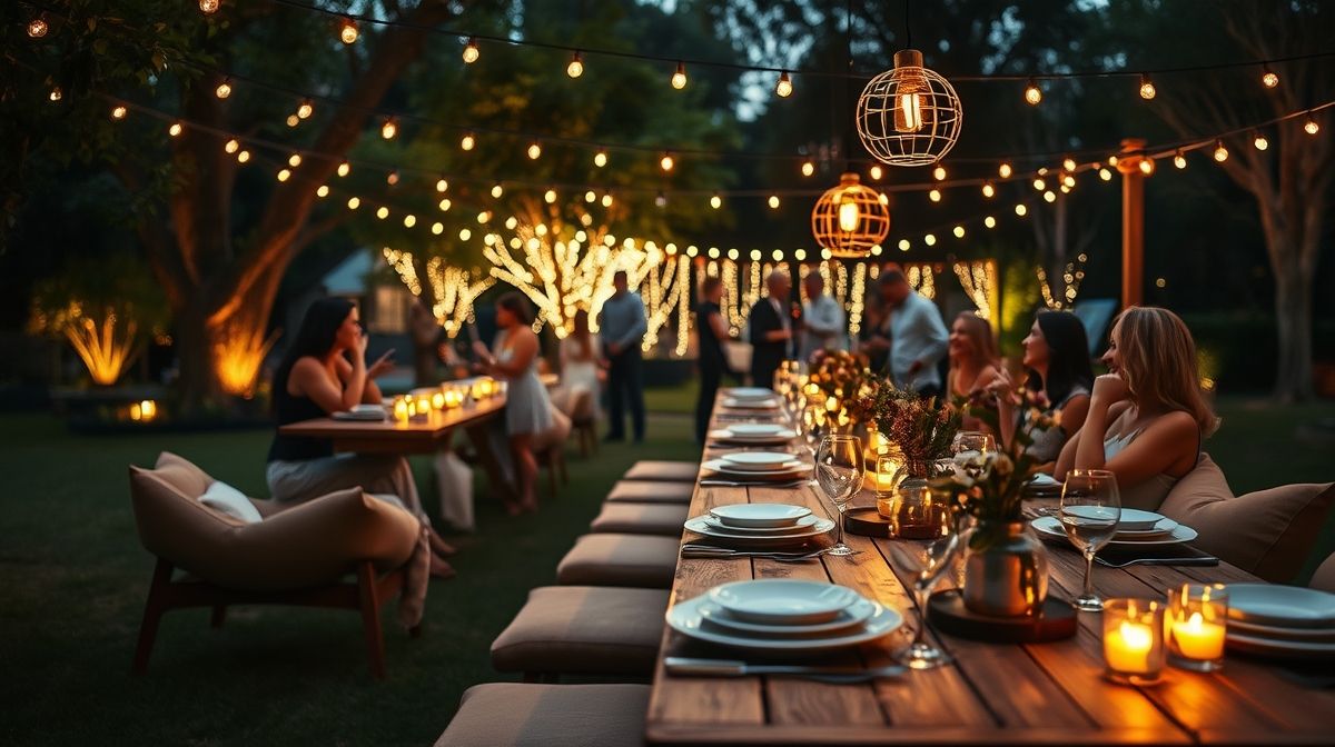 Resultado de jantar ao ar livre com luzes de LED e ambiente festivo.