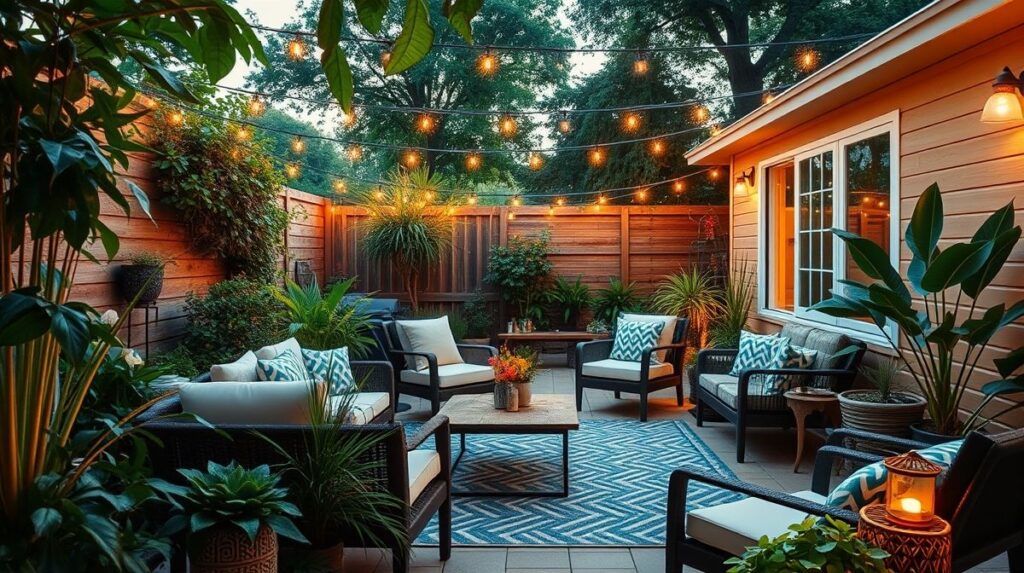 Jardim externo com móveis confortáveis, plantas verdes e iluminação suave.