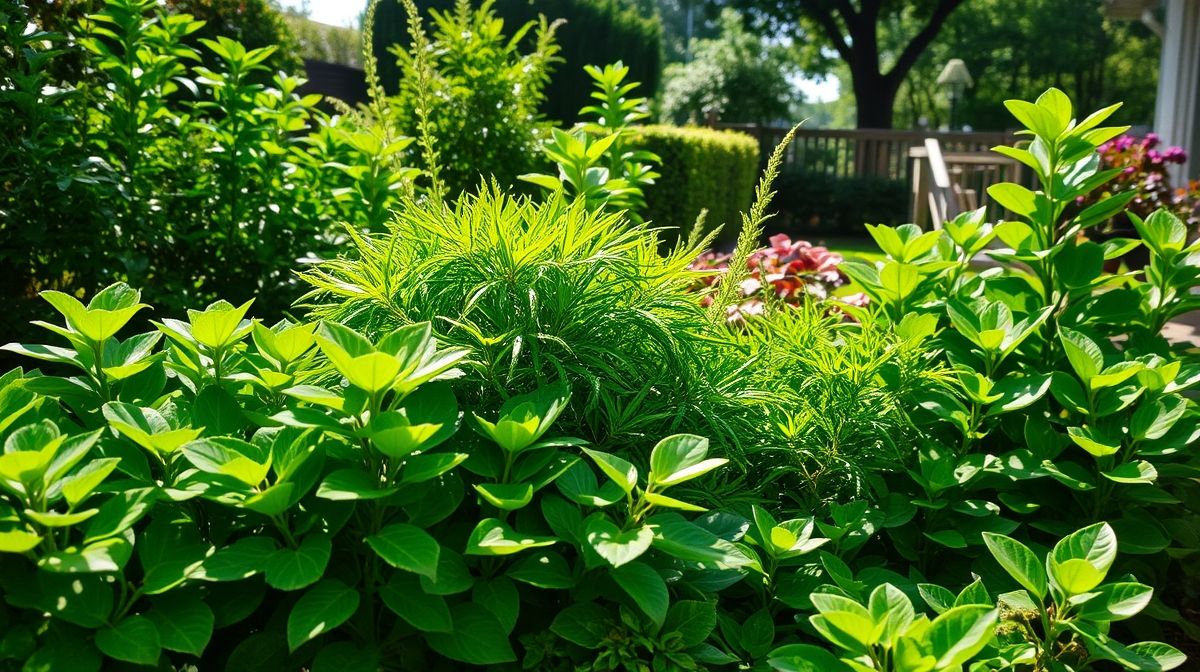 Jardim residencial com plantas verdes e saudáveis após rega correta.