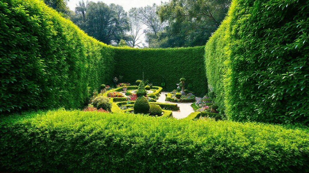 Cercado verde formado por arbustos densos e altos em um jardim elegante.