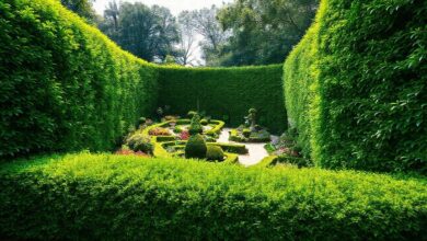 Cercado verde formado por arbustos densos e altos em um jardim elegante.