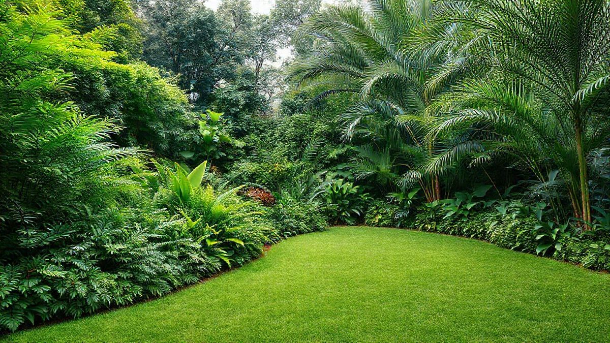 Jardim com samambaias, calatheas e palmeira-areca, harmonioso e livre de espécies tóxicas.