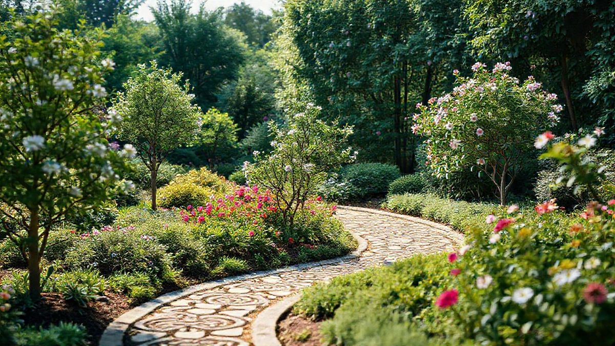 Jardim concluído com árvores, arbustos e flores em harmonia.