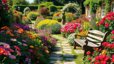 Um jardim cottage repleto de flores coloridas, caminhos sinuosos e clima bucólico.