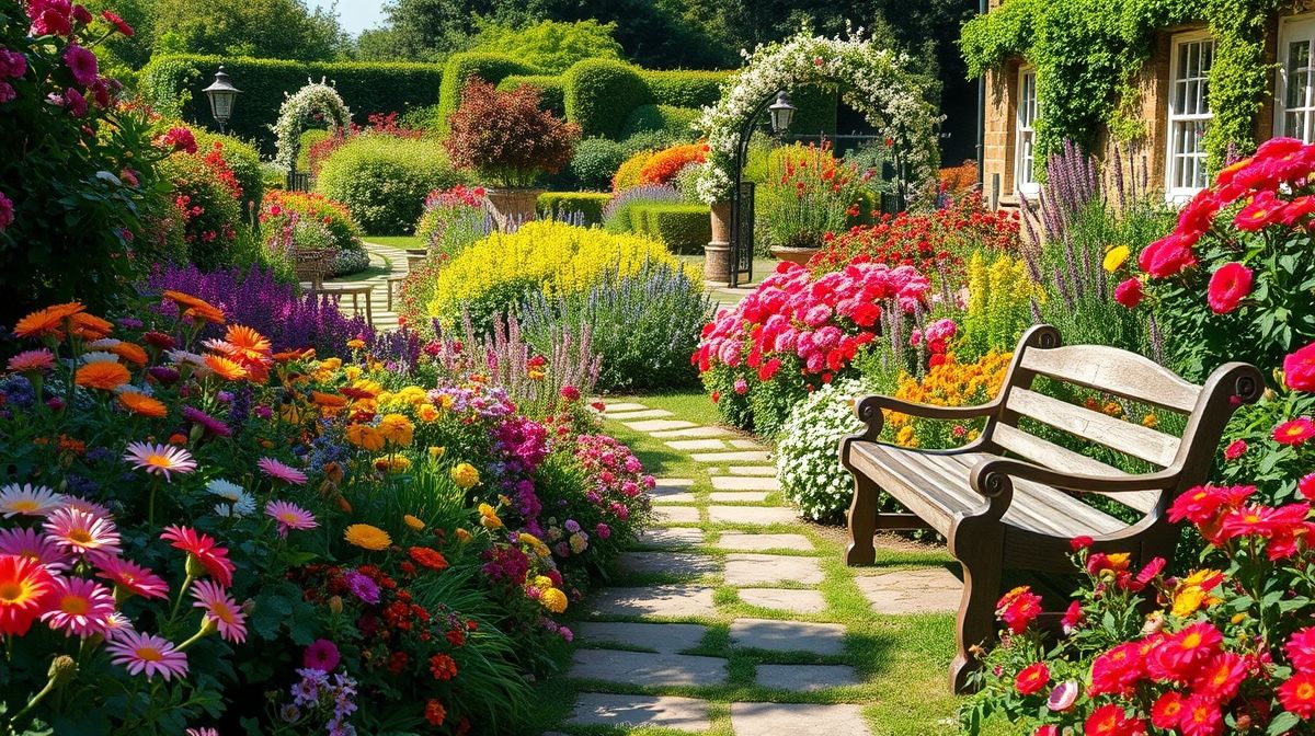 Um jardim cottage repleto de flores coloridas, caminhos sinuosos e clima bucólico.