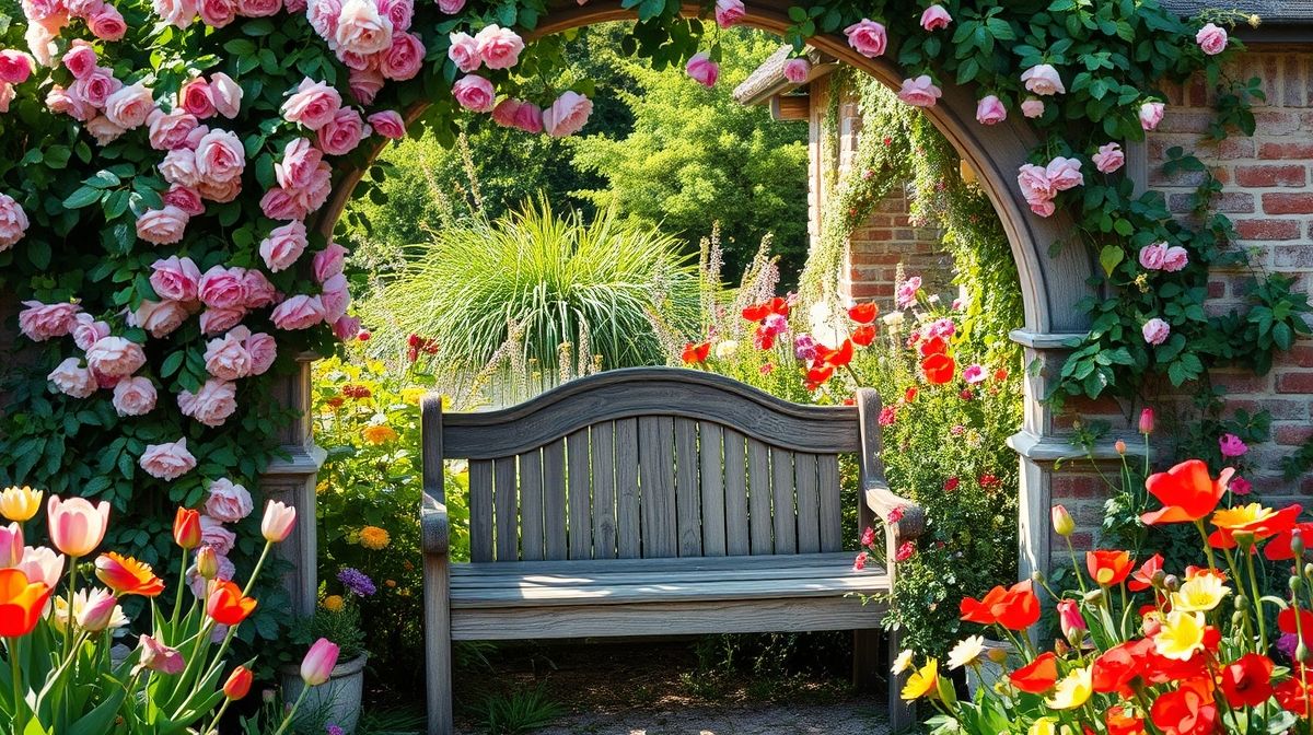 Jardim cottage pronto, com trepadeiras em arco, banco rústico e flores.