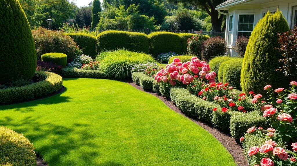 Um jardim bem cuidado com gramado aparado e flores saudáveis.