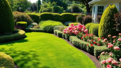 Um jardim bem cuidado com gramado aparado e flores saudáveis.