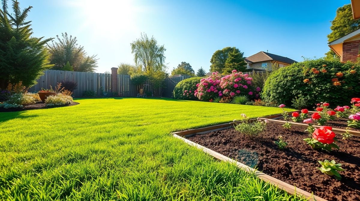 Jardim bem cuidado com plantas e gramado aparado após manutenção.