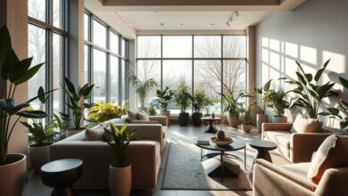 Um jardim de inverno moderno com sofá neutro, plantas variadas e iluminação natural.