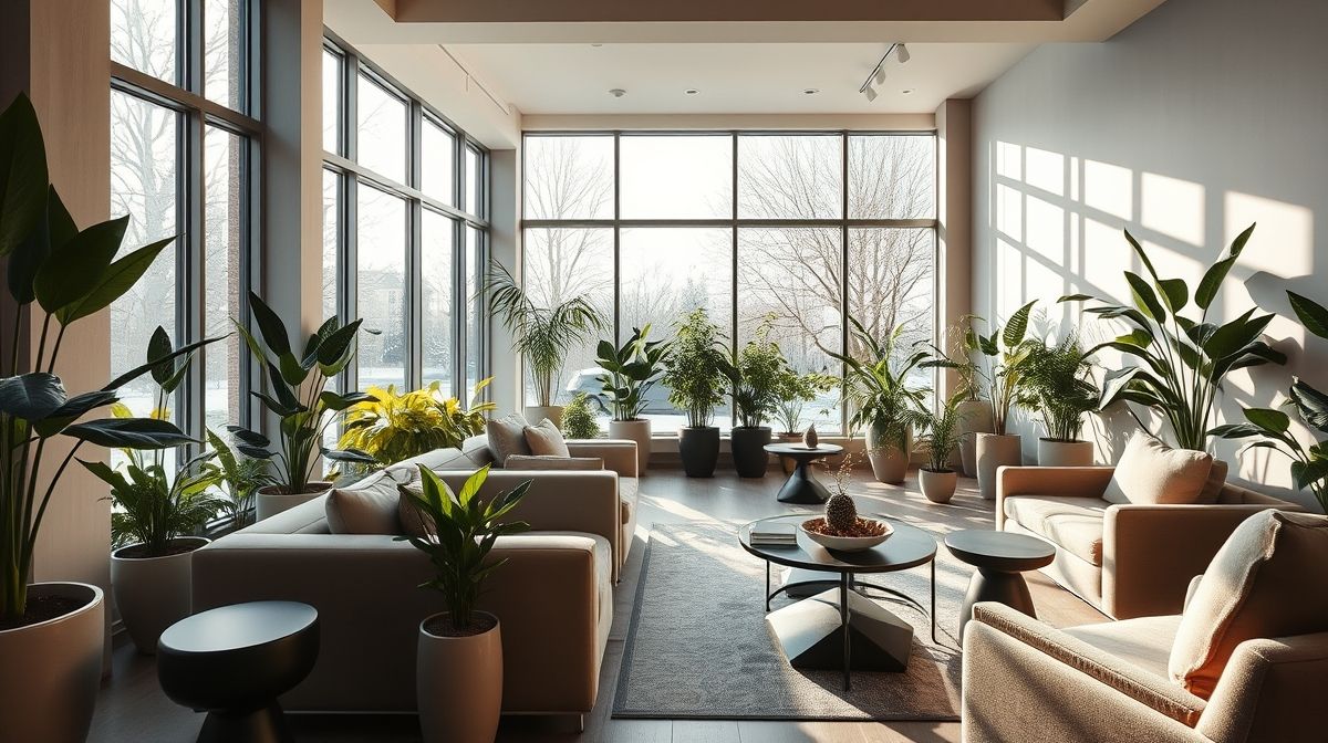 Um jardim de inverno moderno com sofá neutro, plantas variadas e iluminação natural.