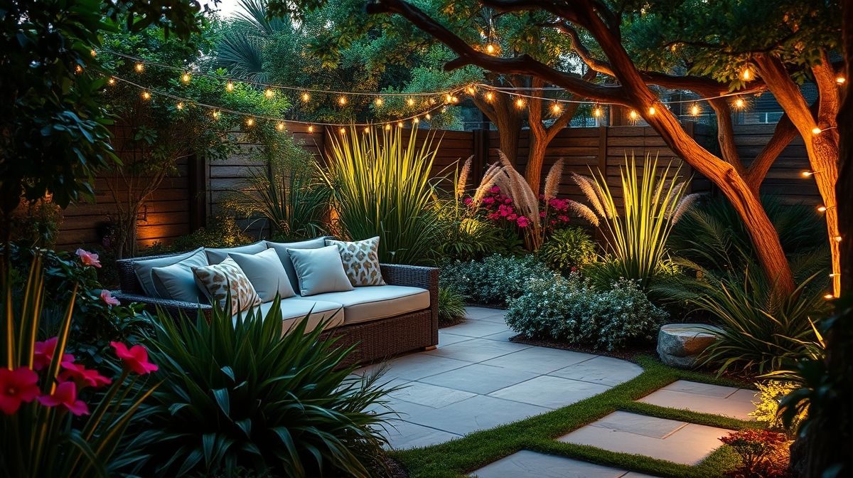 Jardim decorado com sofá externo, almofadas impermeáveis e iluminação indireta.