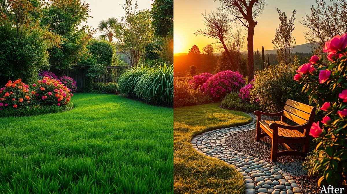 Jardim pequeno pronto, com flores, arbustos e bancos de madeira.