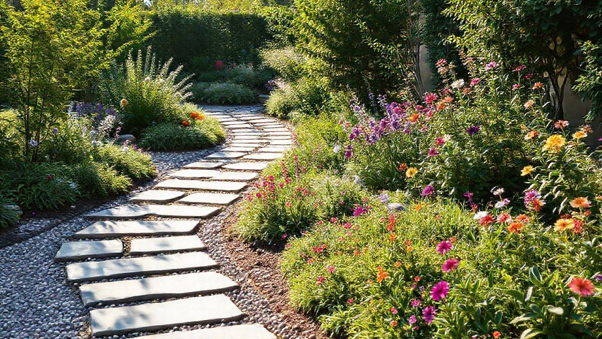 Jardim finalizado com cobertura vegetal, arbustos perenes e caminho de pedras decorativas.
