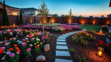 Vista ampla de um jardim recém-implantado com canteiros e iluminação.
