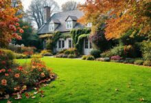Jardim residencial no outono com flores coloridas, gramado limpo e árvores com folhas douradas.