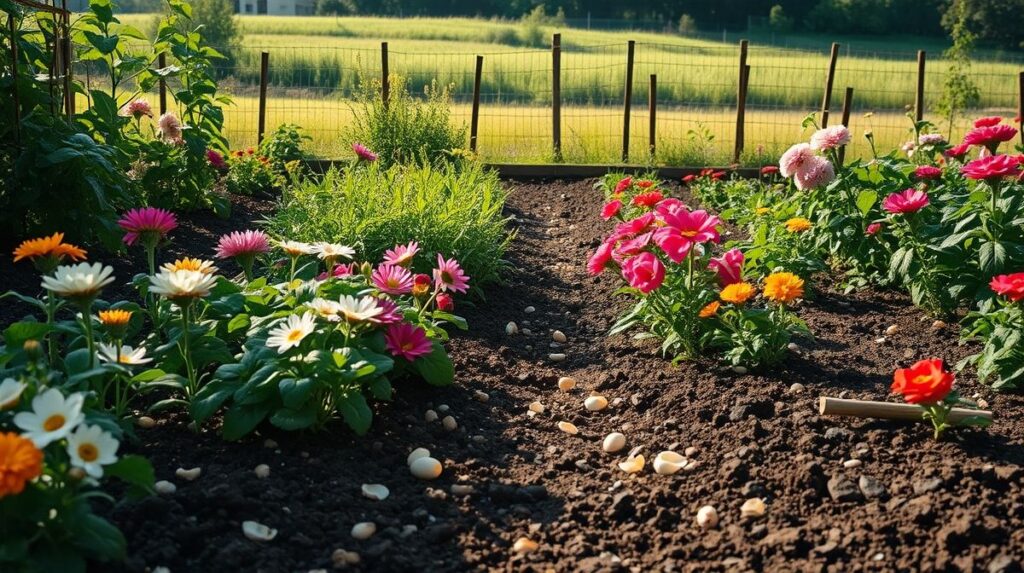 Jardim florido e saudável adubado com cascas de ovos em pó.
