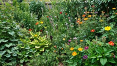 Vista ampla de um jardim com plantas resistentes e coloridas de baixa manutenção.