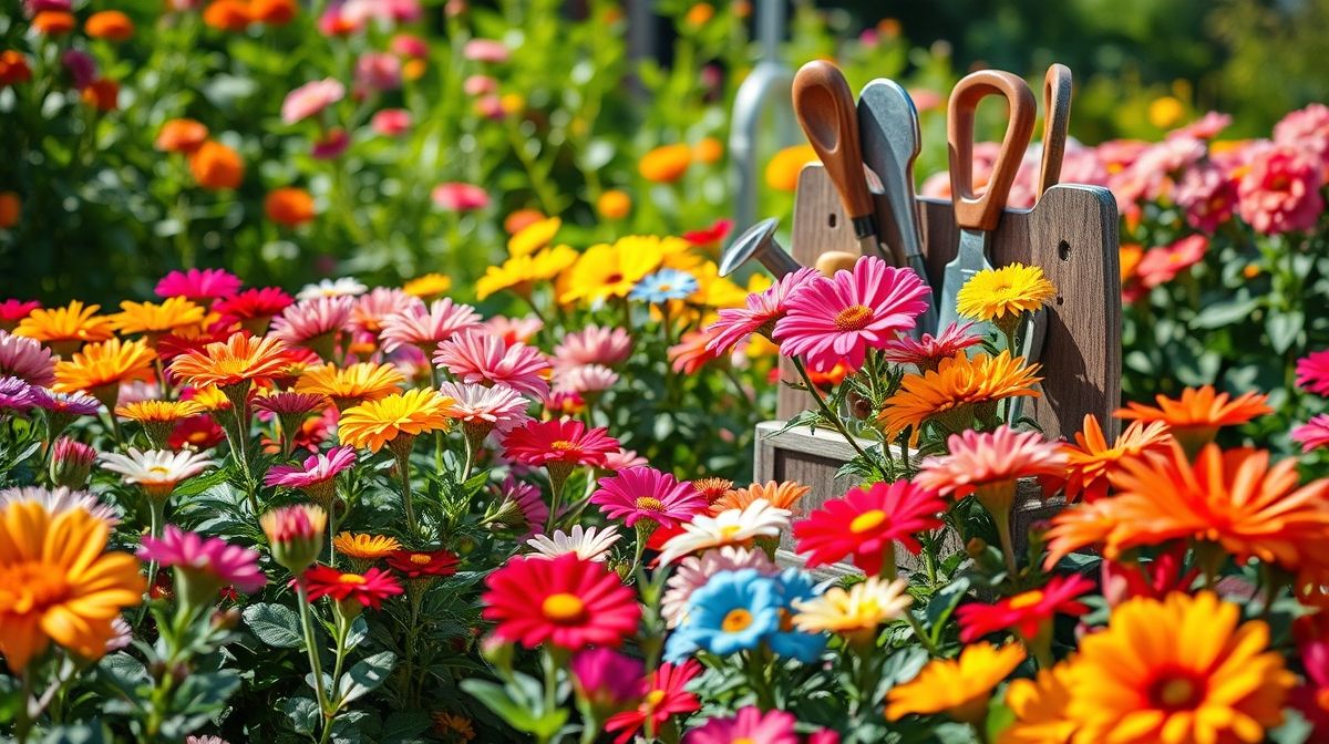 Jardim florido com ferramentas guardadas em suporte organizado ao fundo.
