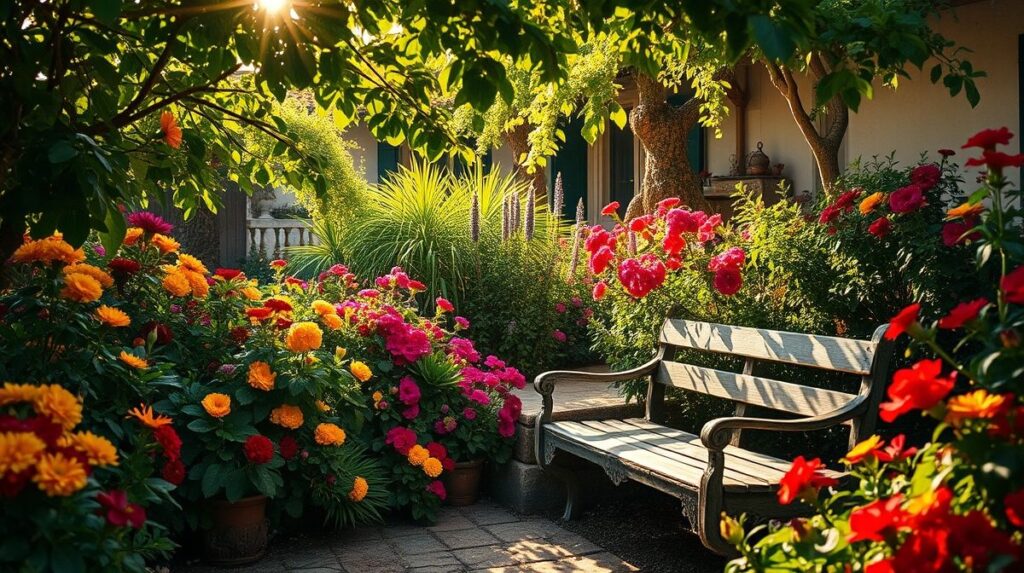 Jardim decorado com flores coloridas, folhagens e iluminação suave.