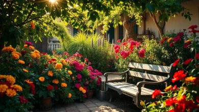 Jardim decorado com flores coloridas, folhagens e iluminação suave.
