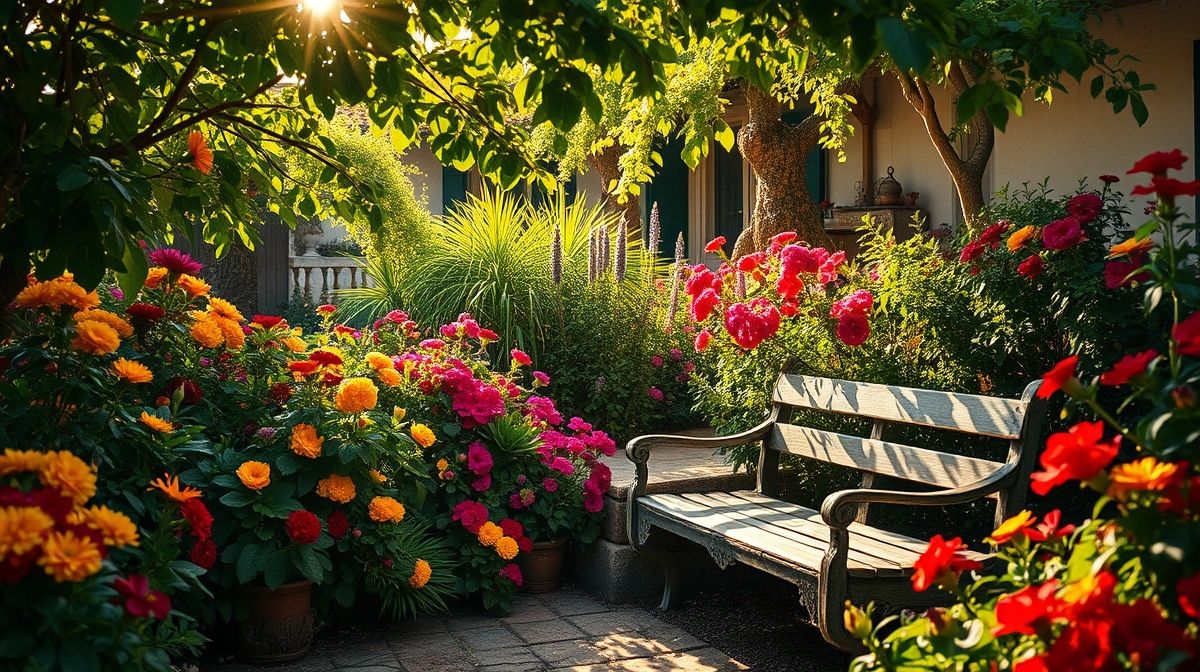 Jardim decorado com flores coloridas, folhagens e iluminação suave.