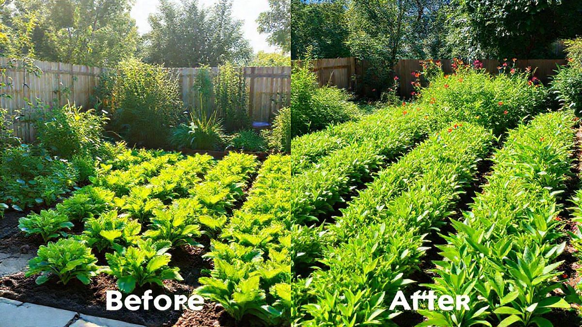 Comparação antes e depois em horta com plantas mais verdes e saudáveis.