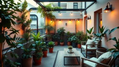 Varanda pequena decorada como jardim simples com vasos e plantas variadas