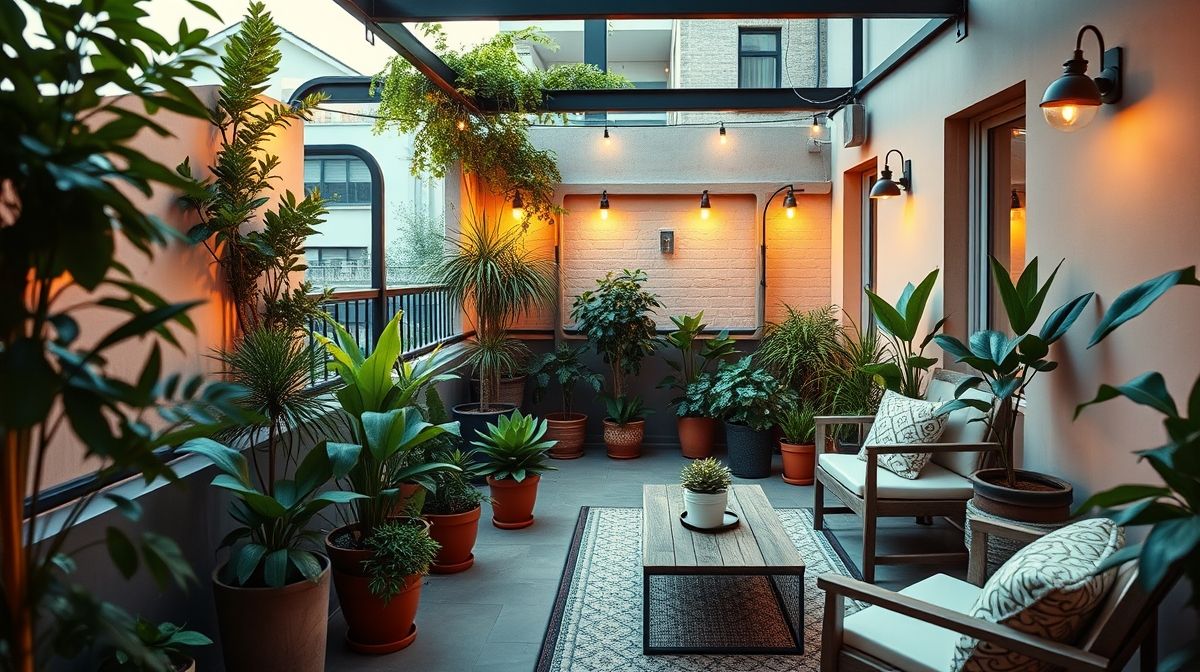 Varanda pequena decorada como jardim simples com vasos e plantas variadas