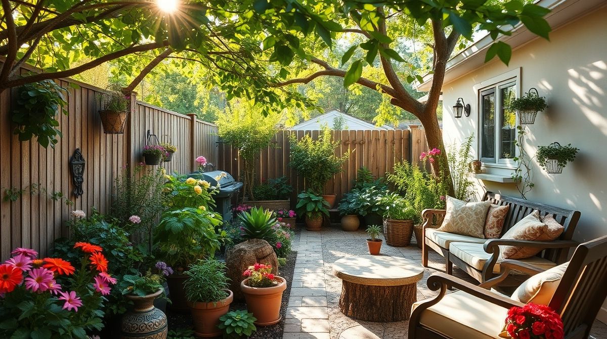 Pequeno quintal transformado em um jardim simples com horta e flores