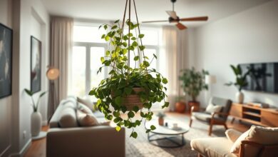 Planta jiboia em vaso pendente decorando sala com luz natural.