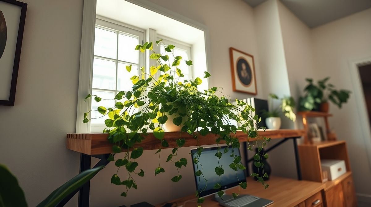 Planta jiboia em prateleira de madeira no home office.