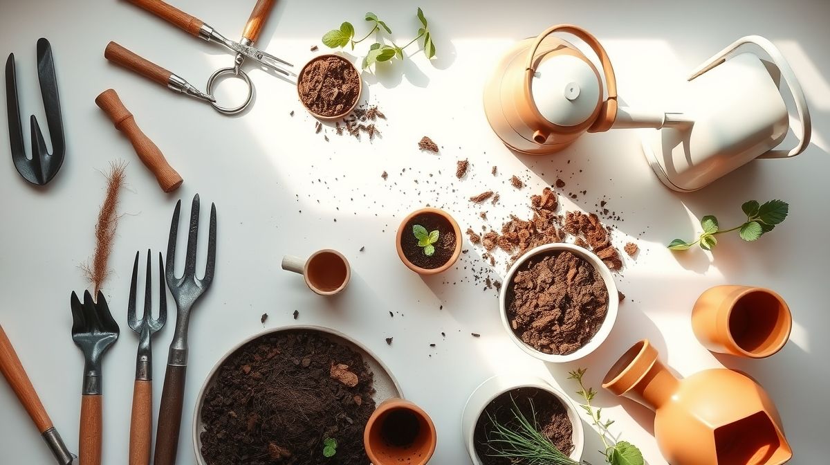 Ferramentas simples de jardinagem ao lado de vasos e substratos.