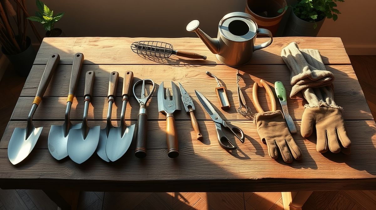 Bancada organizada com ferramentas básicas para jardinagem.