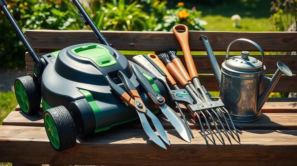 Bancada organizada com ferramentas de jardinagem manuais e elétricas.