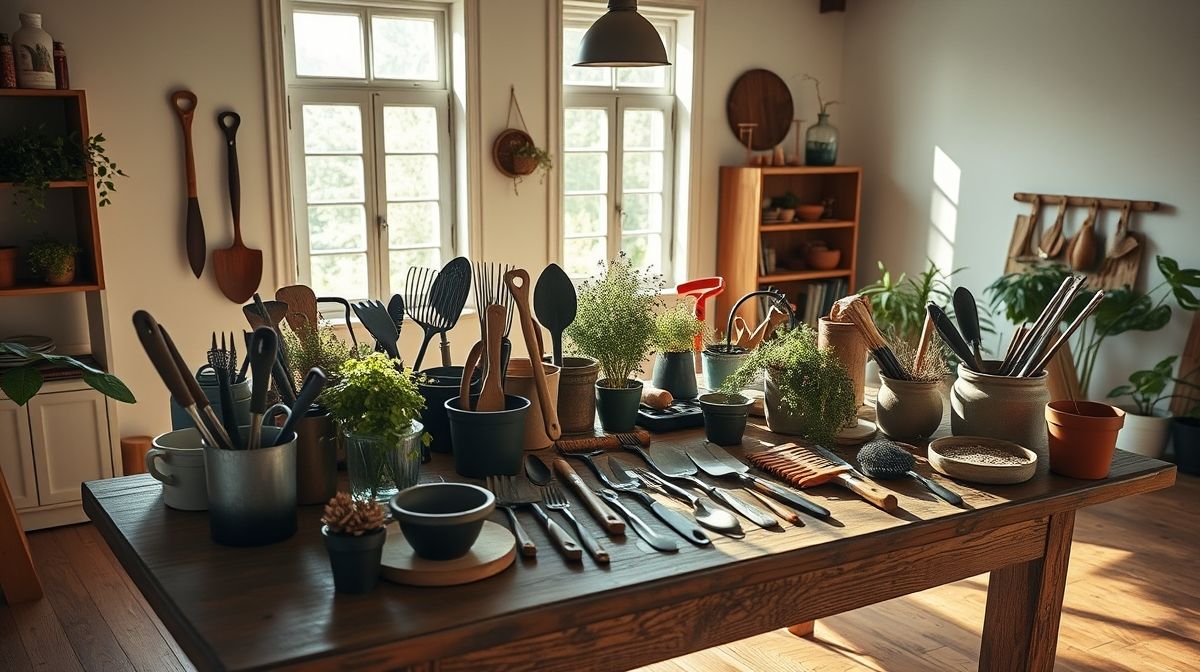 Conjunto de ferramentas de jardinagem organizadas sobre mesa de madeira.