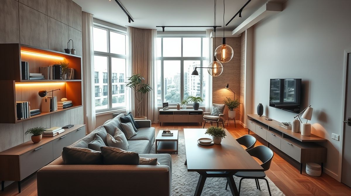 Vista ampla de uma kitnet moderna bem iluminada com luz natural e pontos de LED.
