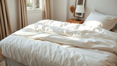 Cama bem arrumada com lençóis brancos impecáveis após remoção de manchas.