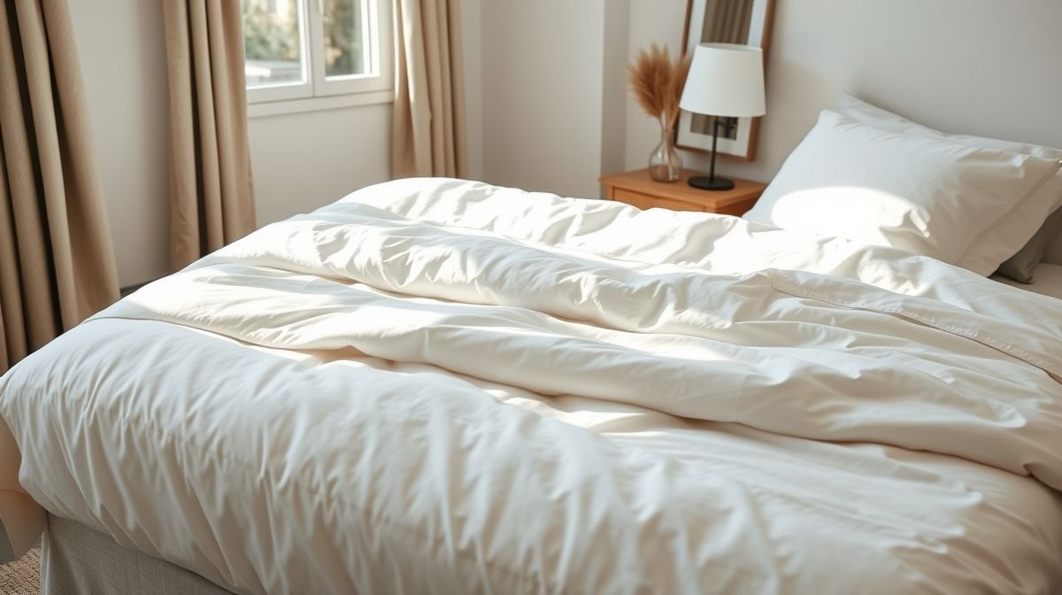 Cama bem arrumada com lençóis brancos impecáveis após remoção de manchas.