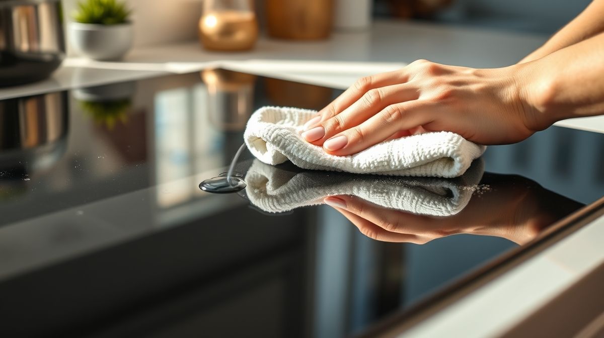 Mão passando pano macio com detergente em cooktop de vidro.