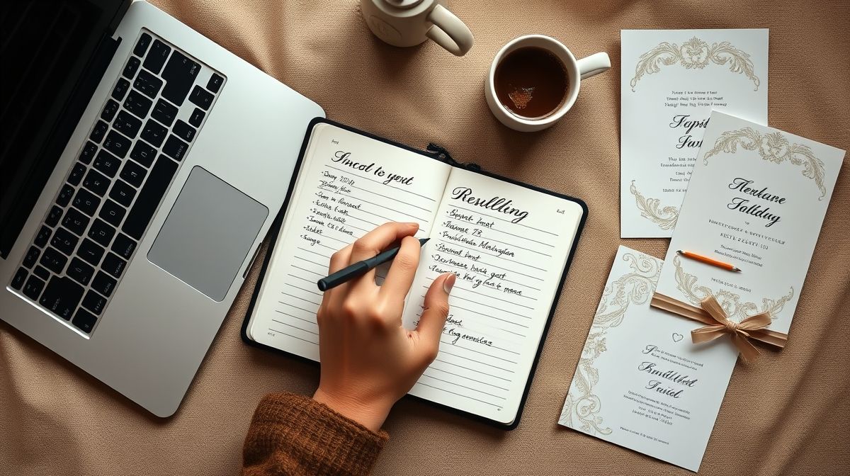 Pessoa escrevendo lista de presentes de casamento em caderno sobre a mesa.